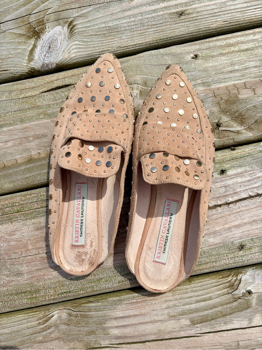 Chinese Laundry Tan Suede Studded Pointed Mules